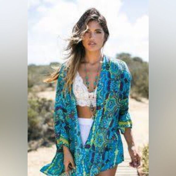 Arnhem Turquoise and Green Kimono Cardigan - Picture 1 of 5